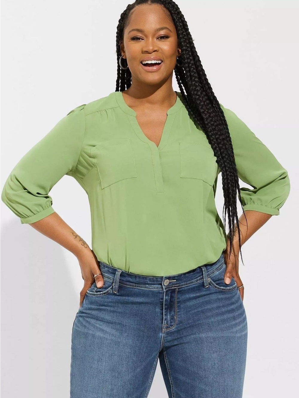 Torrid - Jade Green Split V-Neck Crepe du Chine Blouse - Size 3X